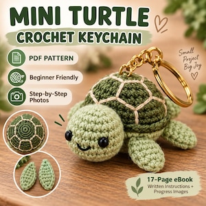 Peut inclure: Un porte-clés tortue au crochet avec une carapace vert foncé et un corps vert clair, doté d'yeux en perles noires et d'un anneau en métal doré. L'image contient le texte : MINI TURTLE CROCHET KEYCHAIN, PDF PATTERN, Beginner Friendly, Step-by-Step Photos, 17-Page eBook.