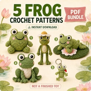 May include: A digital PDF bundle featuring 5 frog crochet patterns. The image displays five distinct crocheted frog designs, including a round frog, a frog with a flower hat, a frog on a lily pad, a seated frog, and a small frog keychain.