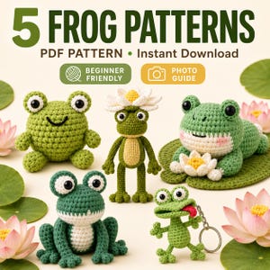 Bundel haakpatronen voor kikkers, 5 schattige amigurumi kikkerpatronen in PDF-formaat