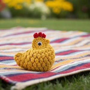 Könnte beinhalten: Ein handgehäkeltes gelbes Huhn mit rotem Kamm und einem einzelnen Wackelauge sitzt auf einer gestreiften Decke. Die Decke hat rote, weiße und blaue Streifen. Der Hintergrund ist verschwommen und zeigt grünes Gras und Blumen.