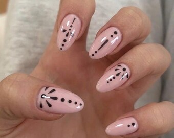 Nude and Black Press On Nails: Pink Gel/Medium Designs, Handmade