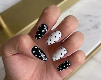 Black And White Polka Dot Press On Nails: Pink Gel, Almond, Handmade