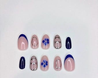 Blue Press On Nails: Pink Gel/Blue Designs, Handmade