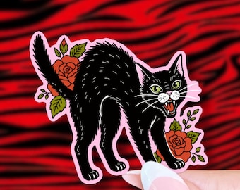 Adesivo de gato preto estilo tatuagem || adesivo de arte com inspiração vintage