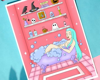 Witch Bath Art Print | Cozy Halloween Bathroom Decor (5x7 inches)