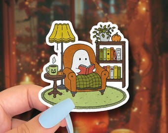 Adesivo aconchegante de fantasma leitor // arte assustadora de outono