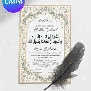 May include: A decorative certificate with ornate floral border and text in English and Arabic. The certificate includes the name "Bella Richord" and a declaration of faith. A dark gray feather rests on the bottom right corner.