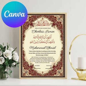 May include: A framed certificate with ornate red and gold border. The certificate includes Arabic script and English text, recognizing Charless Isman and Muhammad Ahmad. The text includes a declaration of faith and details of conversion to Islam.