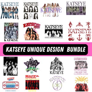 Könnte beinhalten: Eine Sammlung von KATSEYE-Designs, darunter Gruppenfotos, Logos und Text. Die Designs zeigen den Namen KATSEYE in verschiedenen Schriftarten und Farben, wobei einige Designs zusätzliche Grafiken und Textelemente enthalten. Das Bundle trägt die Bezeichnung "KATSEYE UNIQUE DESIGN BUNDLE."