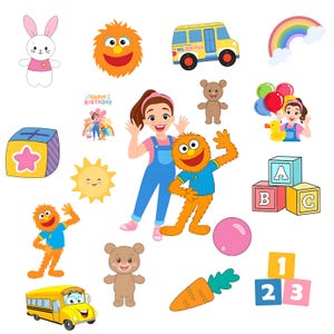 May include: A collection of colorful cartoon illustrations featuring a smiling sun, a rainbow, a school bus, a bunny, a teddy bear, alphabet blocks, and a cartoon character with a friend. The image has a white background.