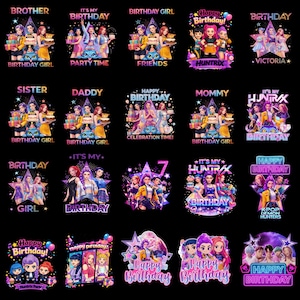 Könnte beinhalten: Eine Sammlung farbenfroher Geburtstagsgrafiken. Jedes Design zeigt Cartoonfiguren, Kuchen und Geschenkboxen mit Texten wie "Birthday Girl" und "Happy Birthday". Die Designs sind lebendig und eignen sich für Geburtstagsfeiern.