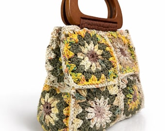 Granny Square Purse, Wooden Handle Handbag, Boho Crochet Tote, Vintage Style Clutch