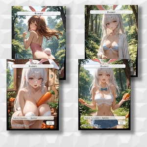 May include: Four fantasy art cards featuring anime-style characters with rabbit ears. Each card has the word "Rabbit" at the top. The characters are in various outfits, holding carrots, and set against a forest backdrop. The cards are labeled "Token Creature - Rabbit" and "1/1".