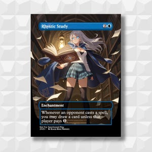 May include: A collectible trading card titled Rhystic Study featuring an anime-style character with long white hair, a blue cape, and a plaid skirt in a library. The card text reads Enchantment, Whenever an opponent casts a spell, you may draw a card unless that player pays 1, Not For Sanctioned Play, 2025, Black Rose Proxies.