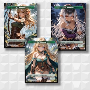 May include: Three fantasy art cards featuring Elf Warrior characters. Each card displays a different female elf with long hair, dressed in various outfits. The cards have the text "Elf Warrior" and "Token Creature - Elf Warrior" printed on them.