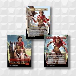 May include: Three Magic: The Gathering cards featuring a woman warrior. The top card shows Kassandra, Eagle Bearer, holding a bird. The bottom left card depicts Phobos, a horse. The bottom right card shows The Spear of Leonidas.