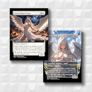 May include: Two trading cards with a black border, featuring an angel with white wings and a halo. The cards display the text "Giada, Font of Hope" and game instructions. The angel is illustrated wearing a white dress.