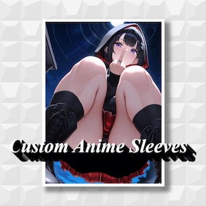 May include: A rectangular card featuring an anime-style illustration of a character with short black hair and purple eyes wearing a black hooded jacket and a red plaid skirt. The character is making a hand gesture. The text Custom Anime Sleeves is printed at the bottom.