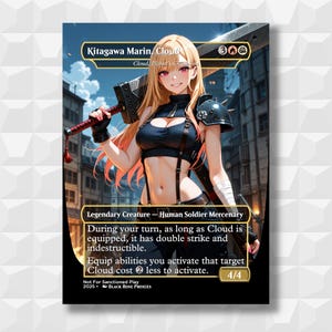 May include: A fantasy art card featuring Kitagawa Marin, Cloud. The card depicts a female character with blonde hair, wearing black armor and holding a large sword. Text includes "Legendary Creature - Human Soldier Mercenary" and game instructions. The card is 4/4.