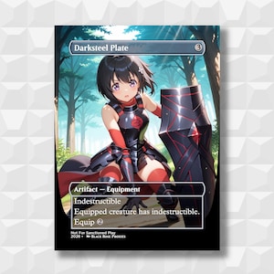 May include: A Darksteel Plate card featuring an anime-style character in black and red armor, holding a large shield. The card text includes "Darksteel Plate," "Artifact - Equipment," and "Indestructible." The background shows a forest scene.