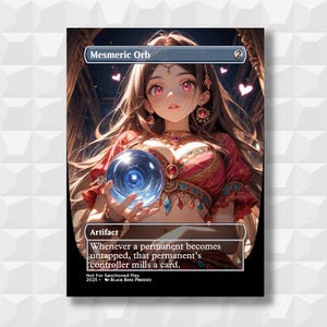 May include: A fantasy art card titled "Mesmeric Orb" featuring a woman holding a glowing blue orb. The card has text that reads "Artifact" and a description of the card's function. The artwork is set against a backdrop of an ornate architectural setting.
