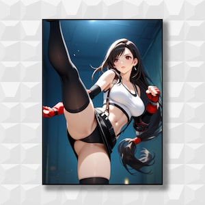 Könnte beinhalten: Anime-Stil-Kunstwerk einer Frau in Sportkleidung, die einen hohen Tritt ausführt. Sie trägt einen weißen Sport-BH, schwarze Shorts und schwarze Leggings. Rote Handschuhe und Armbänder akzentuieren ihr Outfit. Ihr langes schwarzes Haar ist mit einem roten Band gestylt.