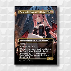 May include: A Magic: The Gathering card featuring Valgavoth, Harrower of Souls. The card depicts a female Elder Demon with pink hair and bat wings, wearing a black dress. The card text includes "Flying" and "Ward - Pay 2 life."