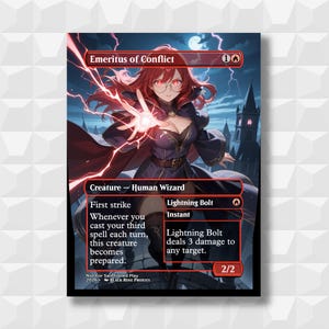 May include: A fantasy art card featuring a female wizard with red hair and glasses, conjuring lightning. The card is titled "Emeritus of Conflict" and includes game text about spells and damage. The artwork is set against a dark, stormy background.