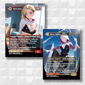 May include: Two collectible trading cards featuring Gwen Stacy and Ghost-Spider illustrations. The Gwen Stacy card shows a blonde woman in a white hoodie. The Ghost-Spider card depicts a character in a white and black suit. Both cards have text.