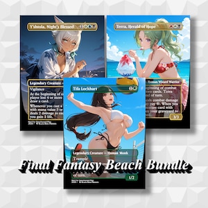 May include: Three collectible trading cards featuring anime-style illustrations of characters named Y'shtola, Terra, and Tifa Lockhart in beach settings. Each card displays character names, mana costs, game text, and the Black Rose Proxies logo.