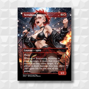 May include: A trading card featuring a female character with red and black hair, wearing a black leather outfit and a plaid skirt, holding a microphone. The card is titled "Screaming Nemesis" and includes game text and a 3/3 power/toughness.