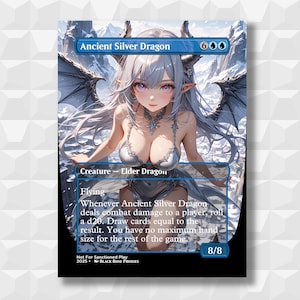 Peut inclure: Carte de fantasy avec une illustration d'une femme dragon aux cheveux argentés devant un paysage de montagne enneigée. La carte est intitulée "Ancient Silver Dragon" et contient du texte de jeu. La force et l'endurance de la carte sont indiquées comme 8/8.