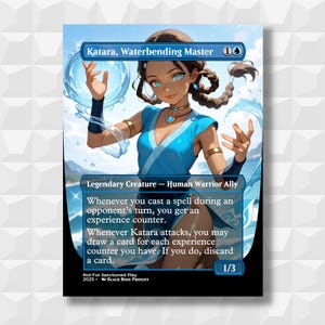 Könnte beinhalten: Eine Magic: The Gathering-Karte mit Katara, Wasserbändiger-Meister. Die Karte zeigt eine Frau in einem blauen Outfit mit Wasserbändigungsfähigkeiten. Der Text enthält "Legendäre Kreatur - Menschlicher Krieger Verbündeter" und Spielanweisungen. Die Karte hat 1/3 Stärke und Widerstand.