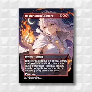 Puede incluir: Carta de arte fantástico "Improvisation Capstone" con una mujer de largo cabello blanco sosteniendo una bola de fuego. El texto "Sorcery - Lesson" y las reglas del juego están presentes. El fondo muestra un cielo nocturno. Carta proxy.