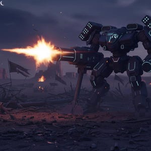 May include: A futuristic, dark gray mech robot fires a bright orange energy blast from a large cannon. The robot stands in a desolate, war-torn landscape under a dusky sky, with flames and debris scattered around.