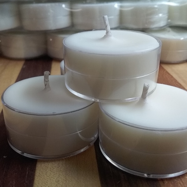 50 Pack Unscented Soy Tea Lights, Hand Made, Cups Made in the USA, Your Preference of Metal or Clear Plastic Cups