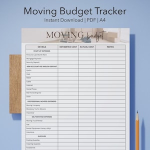 May include: A printable moving budget tracker titled "Moving Budget Tracker". The document includes sections for start-up expenses, professional movers expenses, self-moving expenses, and supplies. The document is a PDF in A4 size.