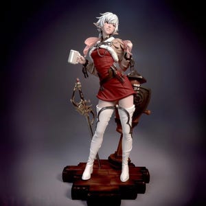 May include: A detailed figurine of a character in a red dress, white boots, and a brown jacket, holding a mug and a lantern. The figure stands on a wooden base with a sword and shield nearby. The character has white hair and is posed in a dynamic stance.