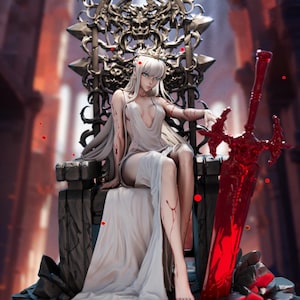 Puede incluir: Figura detallada de una mujer con un vestido blanco sentada en un trono ornamentado. Una gran espada roja descansa a su lado. El trono es de color dorado con intrincadas tallas. La escena tiene un tema de fantasía con una atmósfera oscura y dramática.