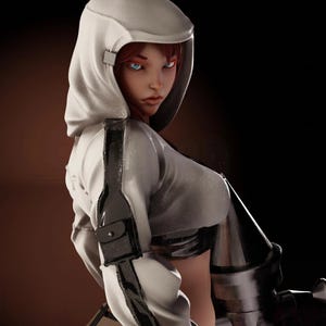 May include: A digital art rendering of a person wearing a white hooded jacket with black accents and a small pocket on the sleeve. The person has red hair and blue eyes, with a serious expression. The background is dark.