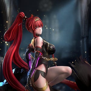 May include: A digital illustration of a female anime character with long red hair and a black and gold outfit. The character is posed in a dynamic stance, with a chain detail and gold accents. The background is a dark, gothic-style setting.