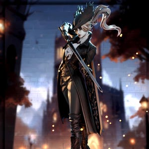 May include: A detailed figurine of a character in a long black coat, hat, and boots, holding a sword. The figure has pale skin and white hair. The base is a stone-like platform. The background features a brick wall and a blurred cityscape.