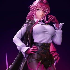 May include: A detailed figurine of a character with pink hair and sunglasses. The figure wears a white shirt, black vest, and brown shorts with pink accents. The character has pink gloves and a confident pose against a dark purple background.
