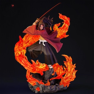 May include: A dynamic figurine of a character wielding a katana, surrounded by vibrant orange flames. The figure is dressed in a maroon robe, black pants, and a yellow shirt. The base is a rocky formation, and the overall aesthetic is action-oriented.