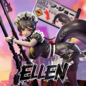 May include: A detailed figurine of a character in a maid outfit, holding two black rifles. The figure has black hair, red eyes, and a black and white outfit. The word "ELLEN" is displayed in a stylized font at the bottom.