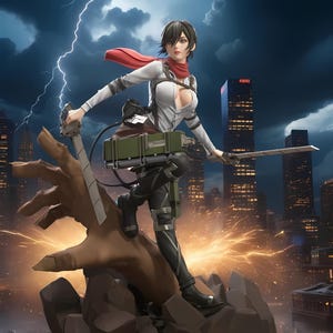 Puede incluir: Figura detallada de un personaje de la serie de anime Attack on Titan, empuñando espadas y en plena acción. La figura se encuentra sobre un fondo de paisaje urbano con relámpagos y un cielo tormentoso. El personaje viste una parte superior blanca, pantalones negros y una bufanda roja.