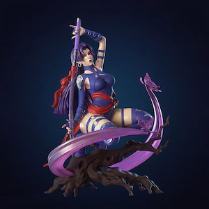 May include: A detailed figurine of a character in a dynamic pose, clad in a dark blue bodysuit with red accents. The figure holds a purple katana and is perched on a stylized tree branch with a purple ribbon and butterfly. The overall aesthetic is fantasy-themed.