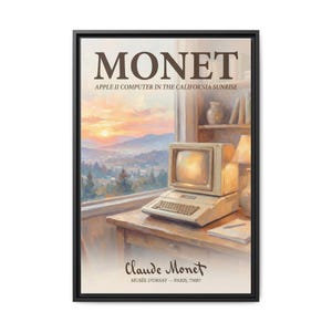 May include: A framed print featuring an Apple II computer on a desk, with a scenic landscape visible through a window. The print is titled "MONET" and includes the text "APPLE II COMPUTER IN THE CALIFORNIA SUNRISE" and "Claude Monet".