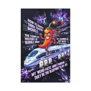 Op de afbeelding: Een levendige poster met een cartoon chilipeper op een hogesnelheidstrein. De tekst behandelt onderwerpen als toasters uit de jaren 80, de geschiedenis van bubbeltjesplastic en eekhoorns. De achtergrond is een mix van digitale kunst en binaire code.