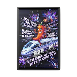 Op de afbeelding: Een ingelijste kunstdruk met een levendige, digitale illustratie. Een lachende chilipeper rijdt op een hogesnelheidstrein. Tekst bevat "How to Identify 1980s Toaster Models" en "My Weird Facts Aren't Random".